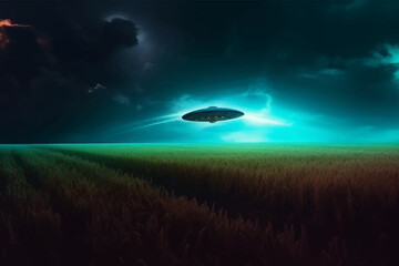Obraz na płótnie Canvas Alien flying saucer over a wheatfield at night. UFO Sighting Over the Fields. Fantasy landscape. 3D vector illustration. Image. Digital painting.