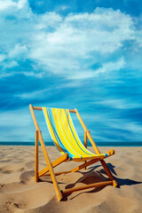 Empty deckchair with yellow napkin on sandy beach under clear blue sky. Copy space. Generative AI. 3