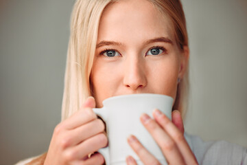 Relax, portrait and woman with coffee, calm and cheerful with inspiration, motivation and chilling. Face, female and young person with tea, cappuccino and satisfied with beverage, aroma and peace