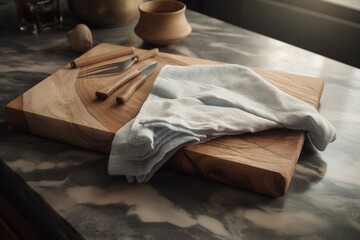 Fototapeta na wymiar Cutting board with kitchen utensils on white marble countertop. generative ai