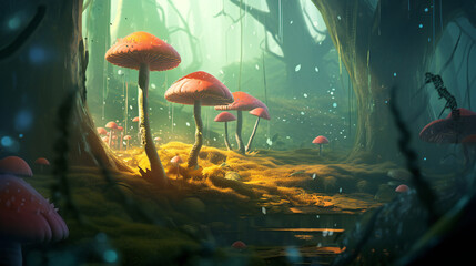 Mystical Sunlit Forest, Enchanting Atmosphere, Digital Illustration, generative AI