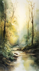 Serene Forest Watercolor, Tranquil Atmosphere, Flowing Stream, generative AI
