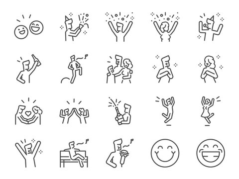 Happy icon set. It included party, birthday, enjoy, fun, good mood, and more icons.