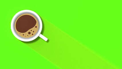 Obraz na płótnie Canvas a white cup of coffee on green background. long shadow from cup. invigorating drink. horizontal image. 3D image. 3D rendering. Banner for insertion into site.