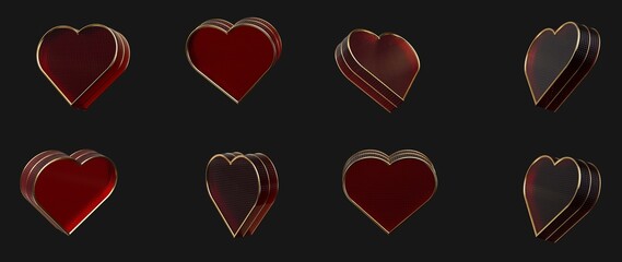 Modern, Luxury Red Glass Hearts - Playing Card Symbol Rotating Set With Golden Frame On Dark Background. Perspective, Angles - 3D Illustration