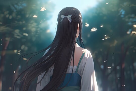  illustration of back view portrait, a pretty woman in nature garden with flower blossom, Generative Ai