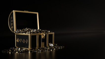 Black And Golden Opened Treasure Chest Filled With Gambling Chips On Empty Space Black Background - 3D Illustration