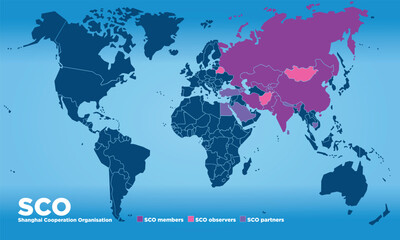 SCO Shanghai Cooperation Organisation map, international organisation, vector illustration