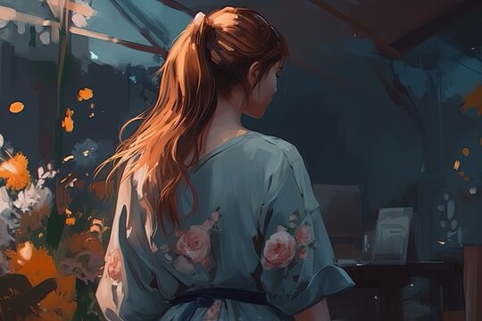 anime style illustration, beautiful scenery with back side portrait of a pretty long hair girl with flower blossoming in spring time, Generative Ai