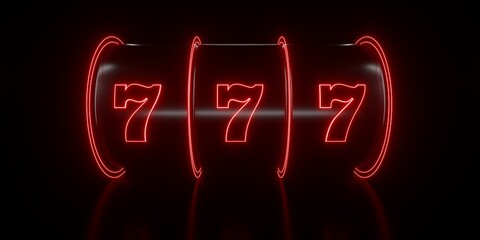 Modern, Futuristic Black 777 Slot Machine With Glowing Red Neon Lights On Black Background - 3D Illustration	
