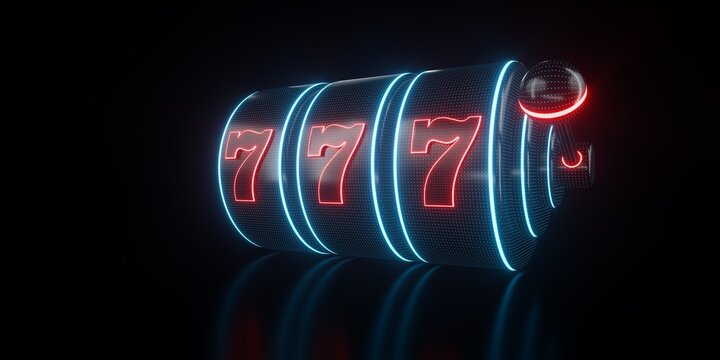 Modern, Futuristic Black 777 Slot Machine With Glowing Red And Blue Neon Lights On Black Background - 3D Illustration	

