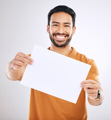 Studio billboard, portrait mockup and happy man with marketing placard, advertising banner or product placement paper. Logo mock up, poster promotion sign or brand person isolated on white background