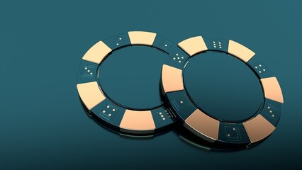 Naklejka premium Modern, Luxury, Realistic Teal Blue And Golden Modern Casino Chips On Empty Space Background - 3D Illustration