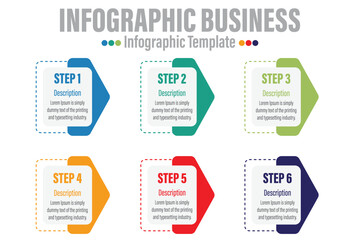 Business vector infographic design template with Six 6 Steps and Six 6 options or steps. Can be used for process diagram, presentations, workflow layout, banner, flow chart, info graph