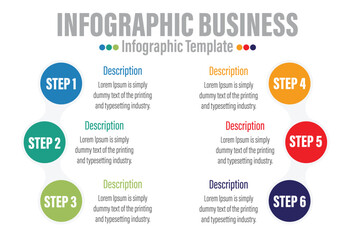 colorful timeline infographic with Six 6 Steps, Six 6 options design template, Infographics management, finance, analytics, presentation. Vector illustration