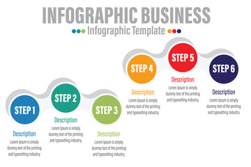 colorful timeline infographic with Six 6 Steps, Six 6 options design template, Infographics management, finance, analytics, presentation. Vector illustration