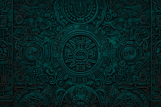 Stone maya texture. Ancien mayan background with face in the middle. Ceramic tiles in the form of traditional Maya design. Generative AI maya ancient background.