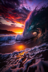Epic wave in Hawaii, Sunset, Generative AI