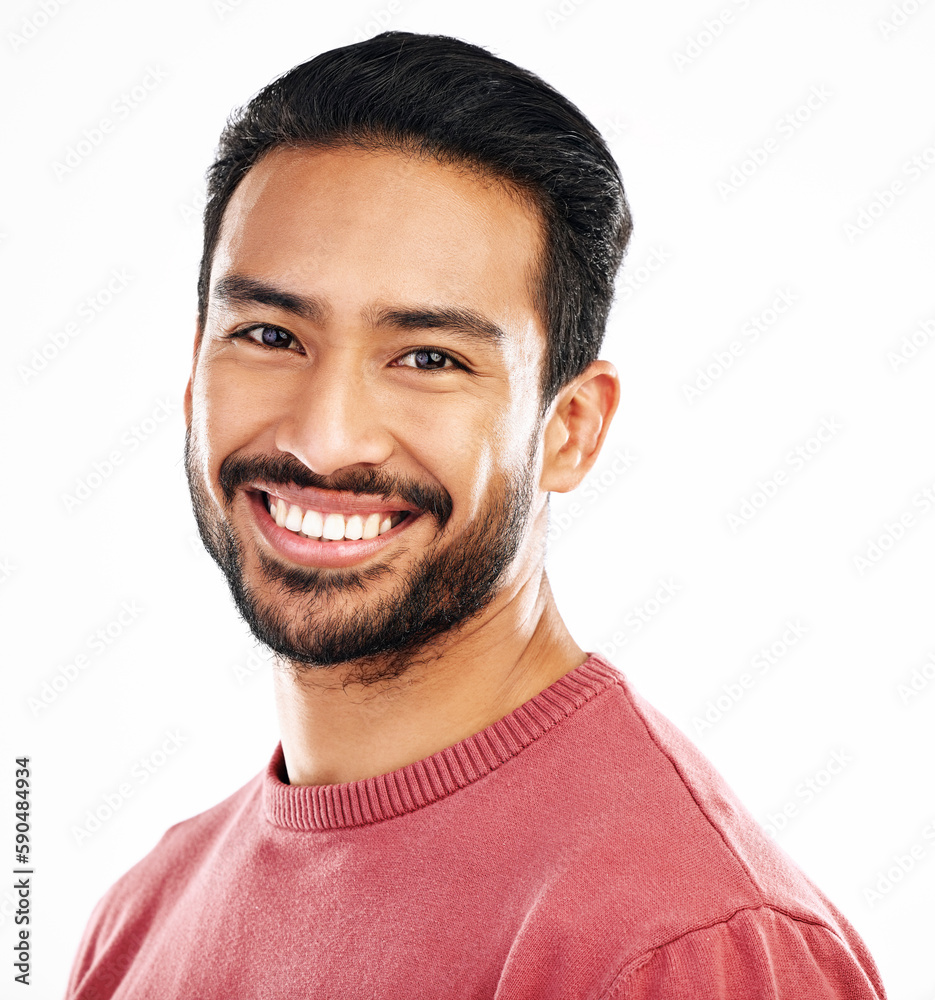 Poster happy, headshot and portrait of an asian man with a smile isolated on a white background in a studio