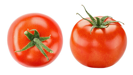 Two fresh juicy red tomato isolated on white background. Fresh vegetable.  File contains clipping path.
