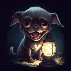 Dog in the shadows iluminated by lamp, Generative AI