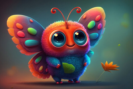 A colorful and cute cartoon butterfly character. AI