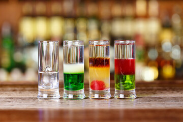 Cocktails of different alcohol in a nightclub