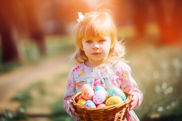 Fototapeta na wymiar Easter egg hunt. Little girl on an Easter Egg hunt on a meadow in spring. Small girl on a meadow at spring sunny day. Easter celebration. Generative AI.