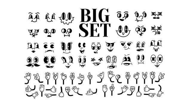 Vintage cartoon hands in gloves and feet in shoes. Cute animation character body parts. Comics arm gestures and walking leg poses vector set. Different foot movements and positions