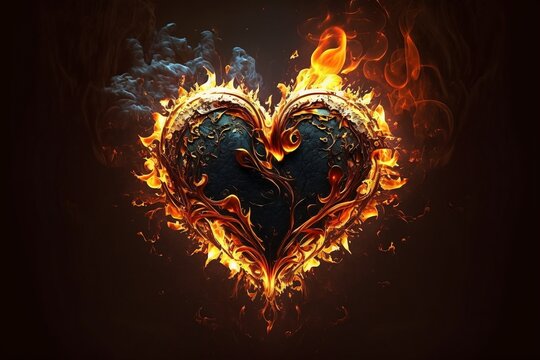 A heart shaped formation of flames and lava. AI