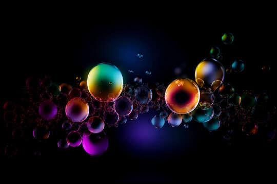 Colorful soap bubbles background. Rainbow soap bubbles on a dark background. Bright foam bubbles fly on black background. Generative AI.