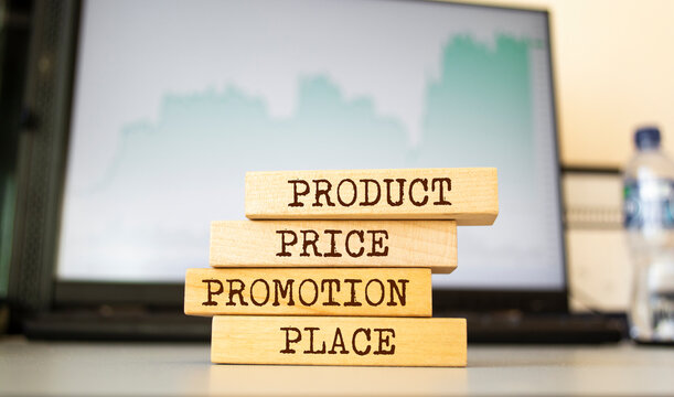 Wooden blocks with words 'product price promotion place'. Business concept