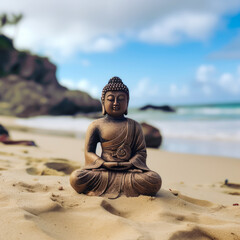 Buddha statue at ocean beach. Buddha statue made from sand on a ocean beach. Travel postcard or banner template. Buddha meditate on a sand beach. Generative AI.