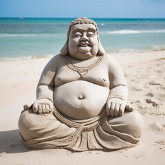 Buddha statue at ocean beach. Buddha statue made from sand on a ocean beach. Travel postcard or banner template. Buddha meditate on a sand beach. Generative AI.