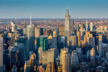 Fototapeta na wymiar New York, USA - April 30, 2022: Nice view of skyscrapers at sunset in Manhattan, New York City