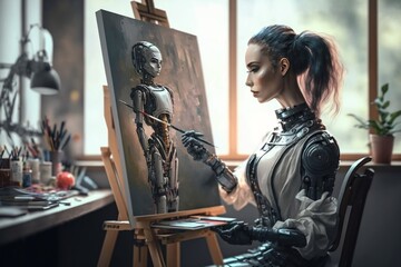 Fototapeta na wymiar A robot artist painting in a studio setting, creating art with AI technology. AI