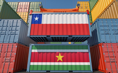 Cargo containers with Suriname and Chile national flags. 3D Rendering