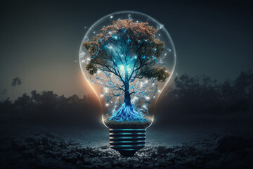 A lightbulb with a tree growing on it, against a backdrop of blue light and a network. AI