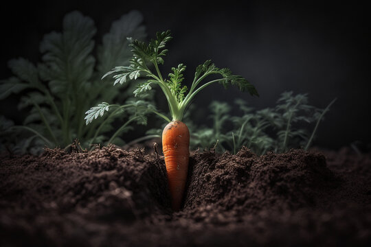 A close-up image of a carrot sprouting in nutrient-rich, dark soil of a garden. AI