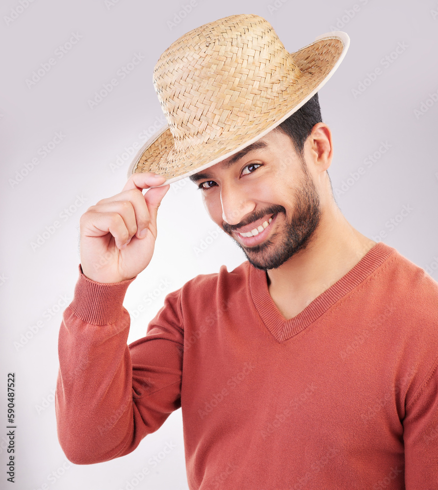 Poster happy, handsome and portrait of an asian man with a hat isolated on a white background in studio. sm