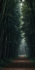 Fototapeta premium Mysterious dark forest with a road. Generative AI.