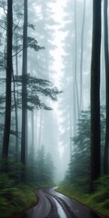 Mysterious dark forest with a road. Generative AI.