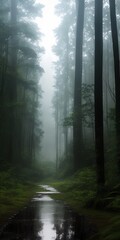 Obraz premium Mysterious dark forest with a road. Generative AI.
