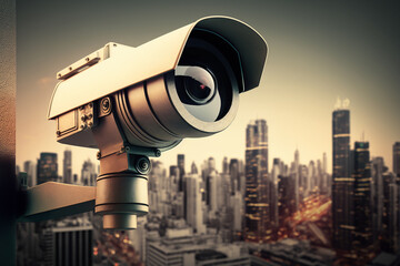Fototapeta na wymiar CCTV camera over cityscape background. AI