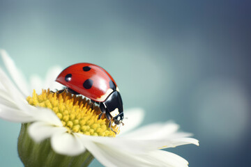 Frühlingsblume mit Marienkäfer in Nahaufnahme. Generative AI