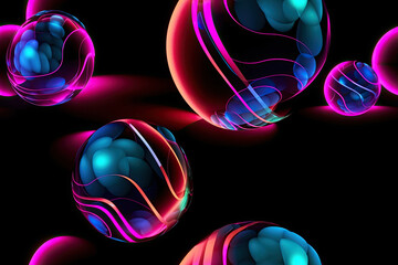 Generative AI seamless illustration abstract background with glass balls with refraction in pink-blue neon light.