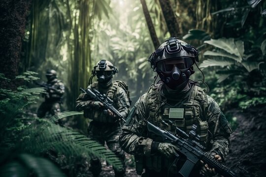 A team of Special Forces soldiers in full tactical gear navigating through a dense jungle. AI