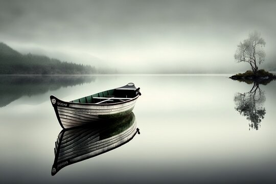 A serene lake with a single boat drifting peacefully. AI