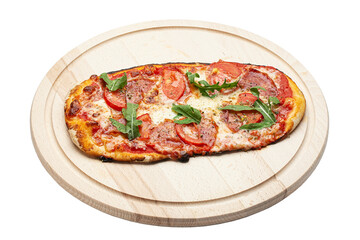 Delicious pizza served on wooden plate isolated on white background. Pizzeria menu. Concept poster for Restaurants or pizzerias. File contains clip