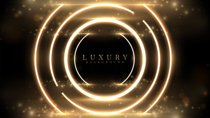 Circle shape neon light frame with golden light decoration and bokeh. 3D black luxury background. Vector Illustration.